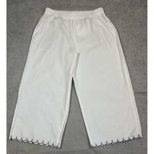 Sigrid Olsen Pants Womens XL White Linen Blend Scalloped Trim Boho Coastal Crop